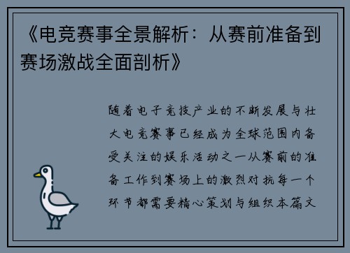 《电竞赛事全景解析：从赛前准备到赛场激战全面剖析》